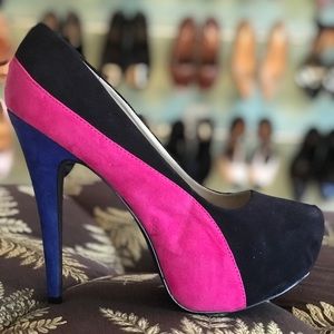 Qupid multi color suede retro platform pumps